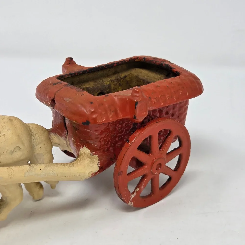 Antique Arcade Mfg Co Cast Iron Horse Drawn Cart Red Basket Wagon Toy Antique